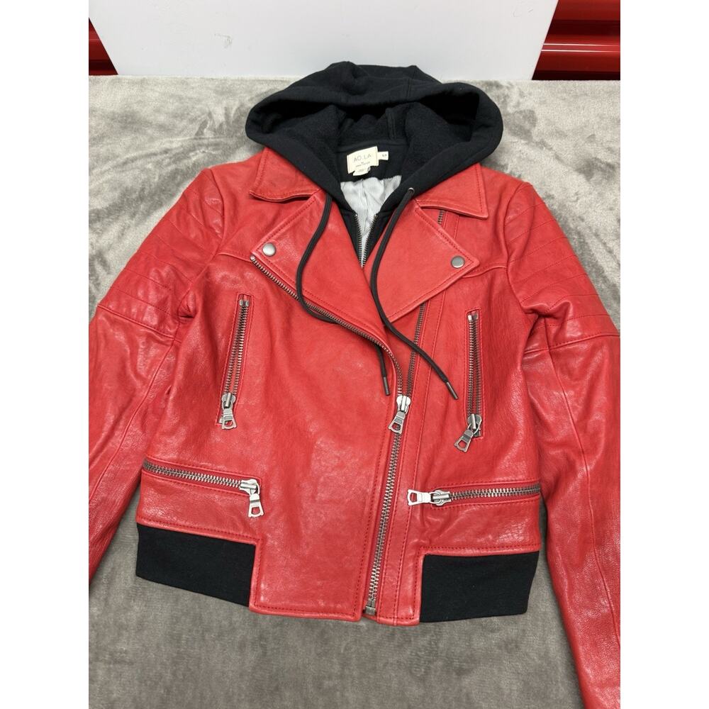 Alice + Olivia Avril Red Lamb Leather Hooded Moto Jacket Small S $995 - Picture 4 of 12